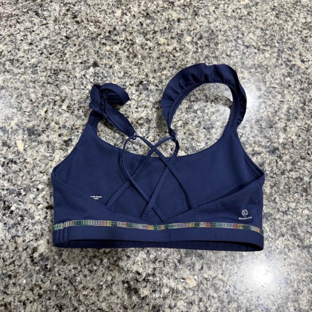 Something Navy x Bandier Navy Blue Sports Bra Rainbow Trim Ruffle Straps XS